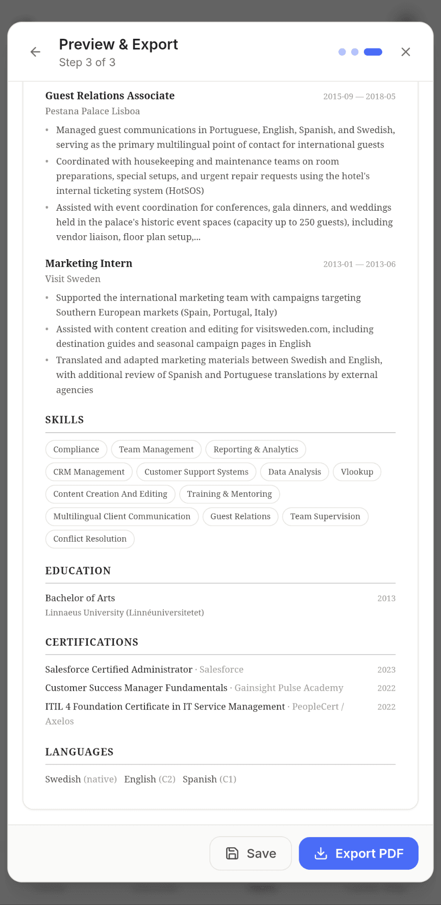 Preview, save and export the tailored CV as a PDF